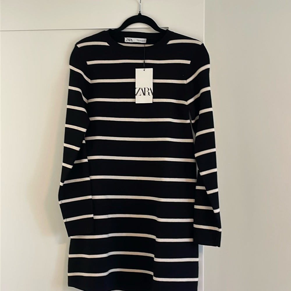 Zara striped black knit dress size S NWT